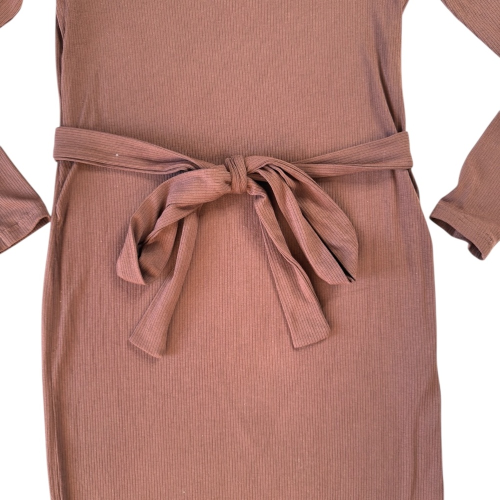 SHEIN NWOT Maternity Chic Sweetheart Neck Belted Dress Midi Timeless Brown L - Picture 4 of 16